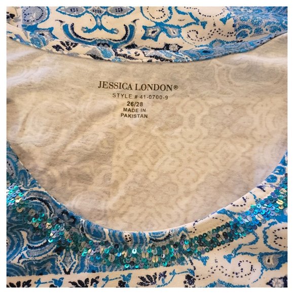 Jessica London Blue Blouse Patchwork Sequin Accents 3/4 Sleeves 26/28 JJ3284 - Picture 9 of 10